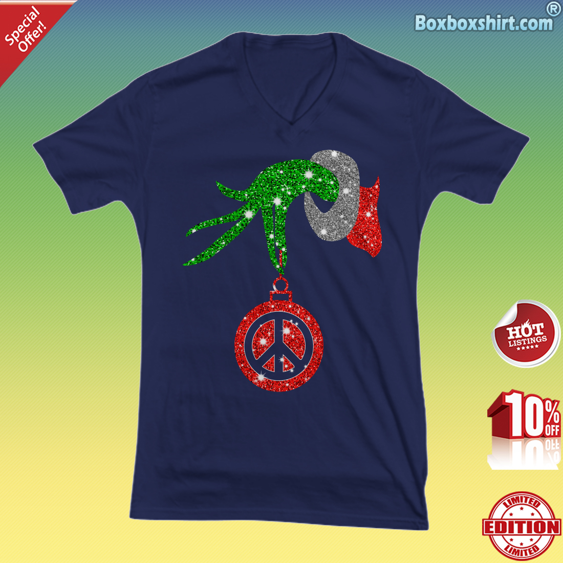 Grinch hand holding peace ornament Christmas V-neck Tee