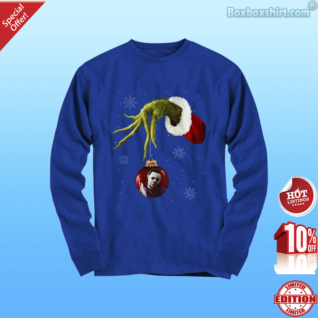 Grinch hand holding Micheal Myers ornament shirt 