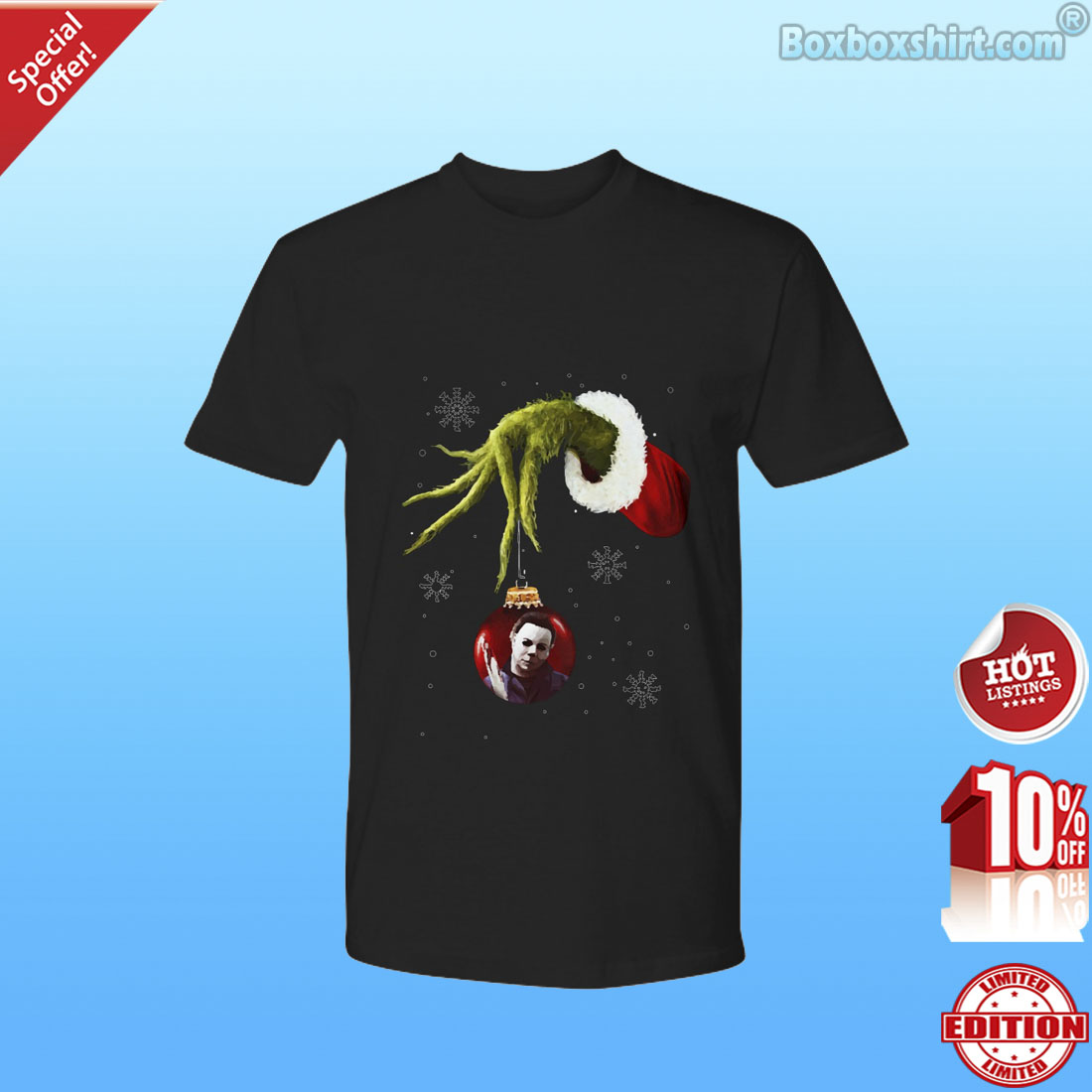Grinch hand holding Micheal Myers ornament shirt
