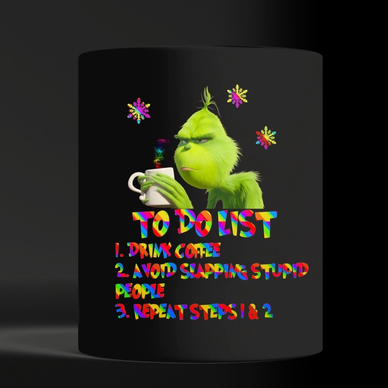 Grinch to do list drink coffee avoid slapping stupid people repeat colorful mug