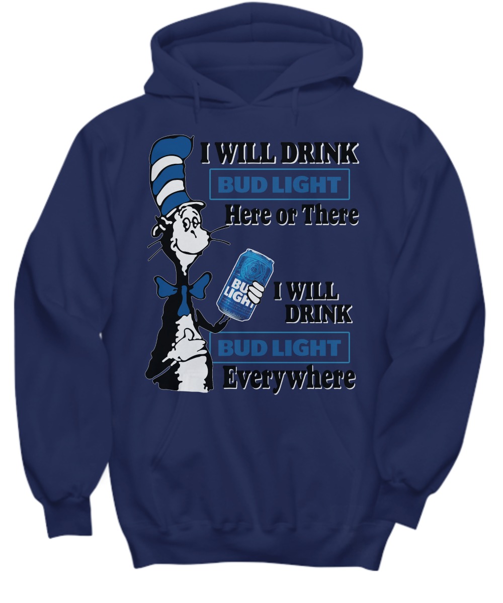 The cat in the hat holding Bud Light shirt and hoodie