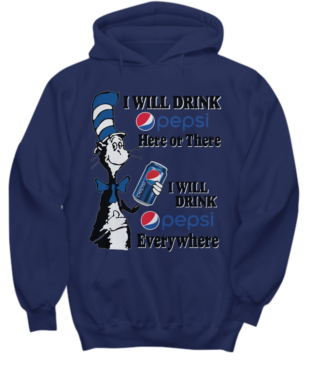 The cat in the hat holding Pepsi shirt and hoodie