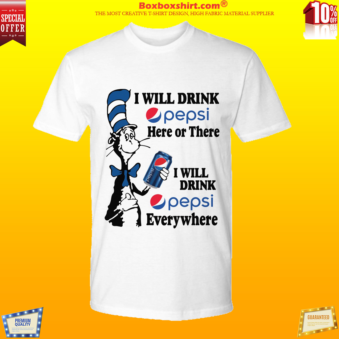 The cat in the hat holding Pepsi shirt