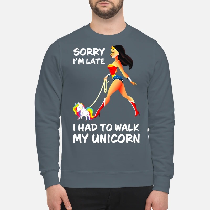 Wonder Woman sorry I'm late I had to walk my Unicorn sweatshirt