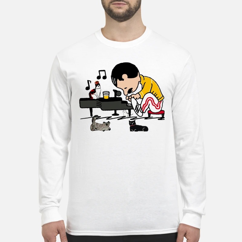 Freddie Mercury playing piano and cats men's long sleeved shirt