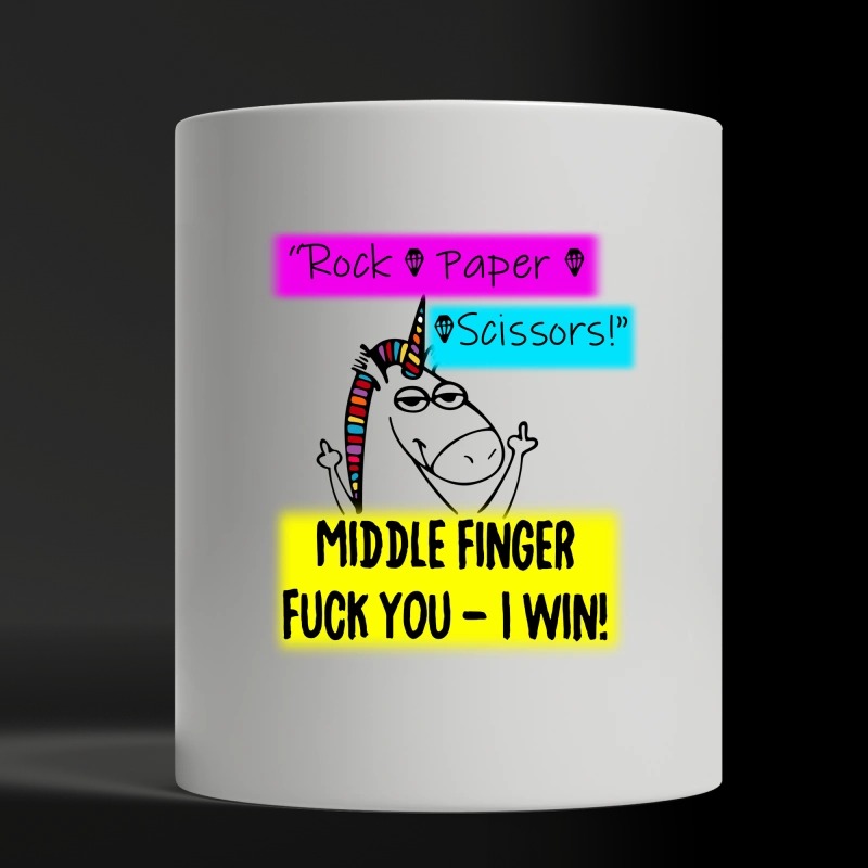 Unicorn rock paper scissors middle finger fuck you I win white mug