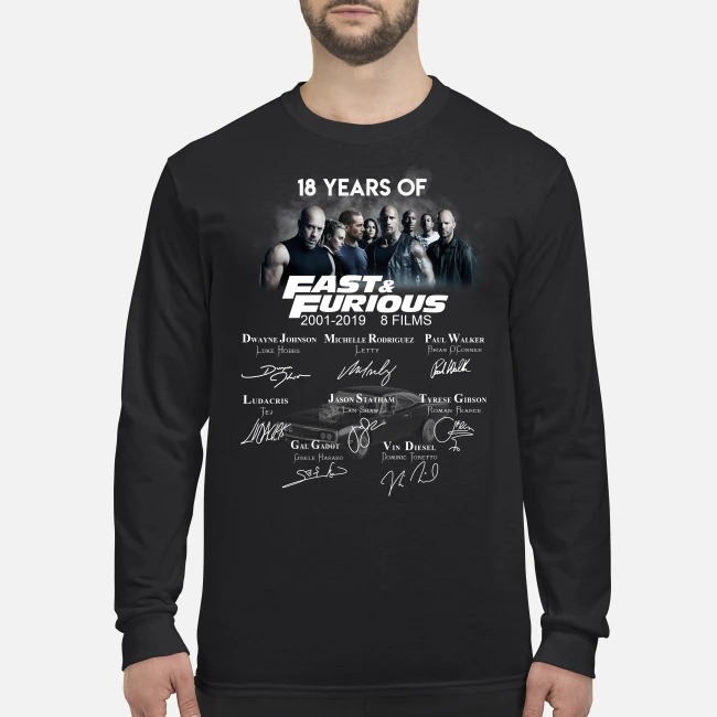 18 years of fast and furious 8 films signatures men's long sleeved shirt