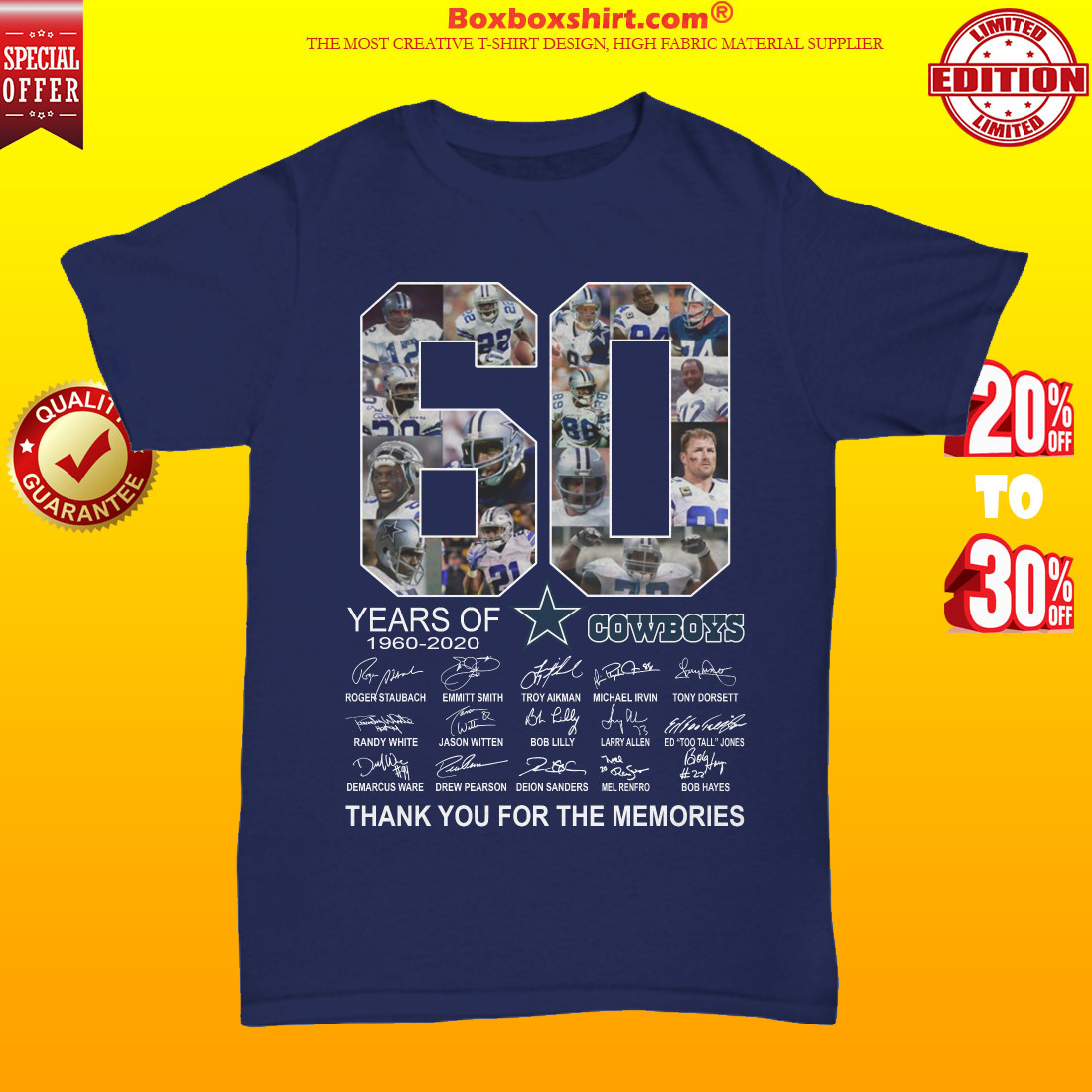 60 years of Dallas Cowboys signatures thank you for the memories unisex tee shirt