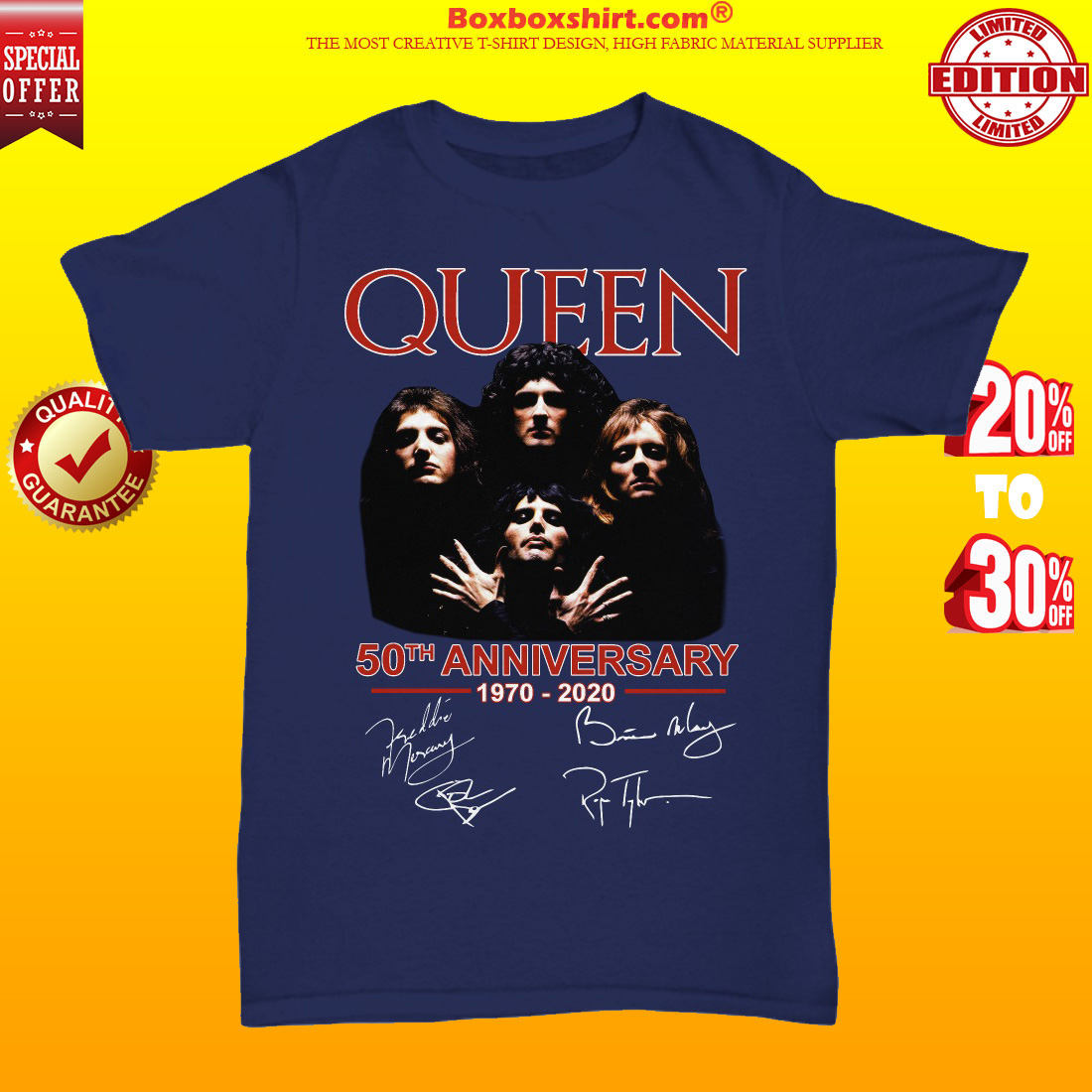 Queen band 50th anniversary signatures unisex tee shirt
