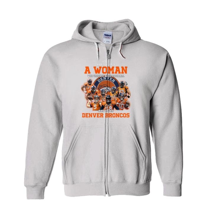 A woman who love Denver Broncos shirt and hoodie