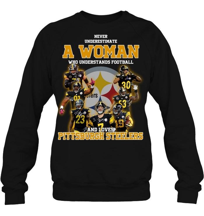 A woman who understand football and love Pittsburgh Steelers sweatshirt