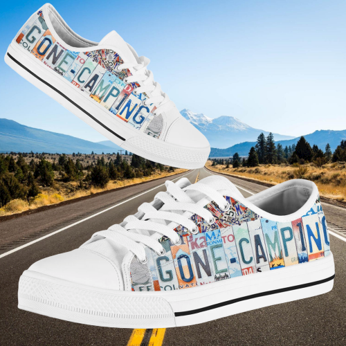Gone camping license plates low top shoes