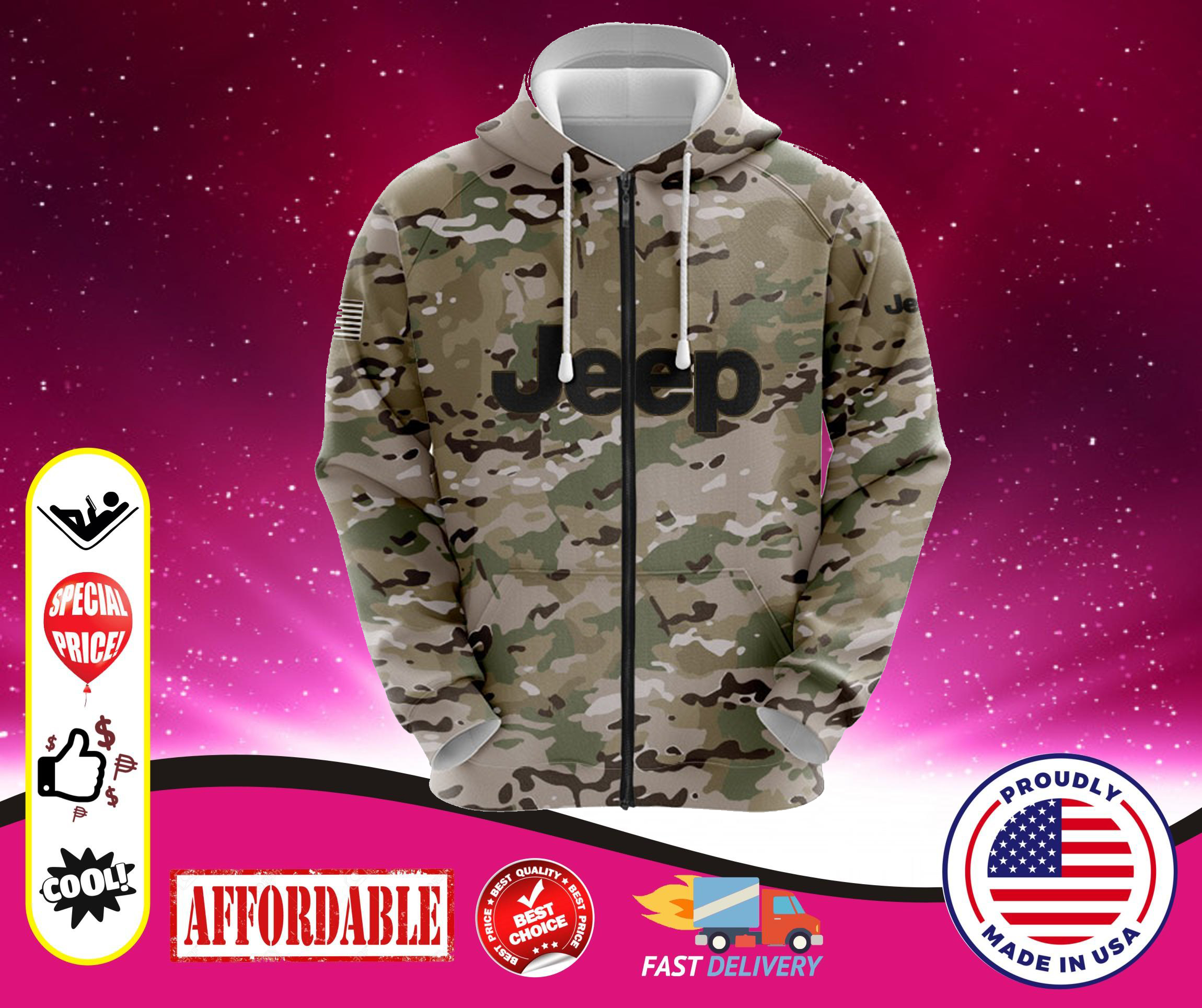 Jeep Camo custom personalized name 3d over print cool zip hoodie