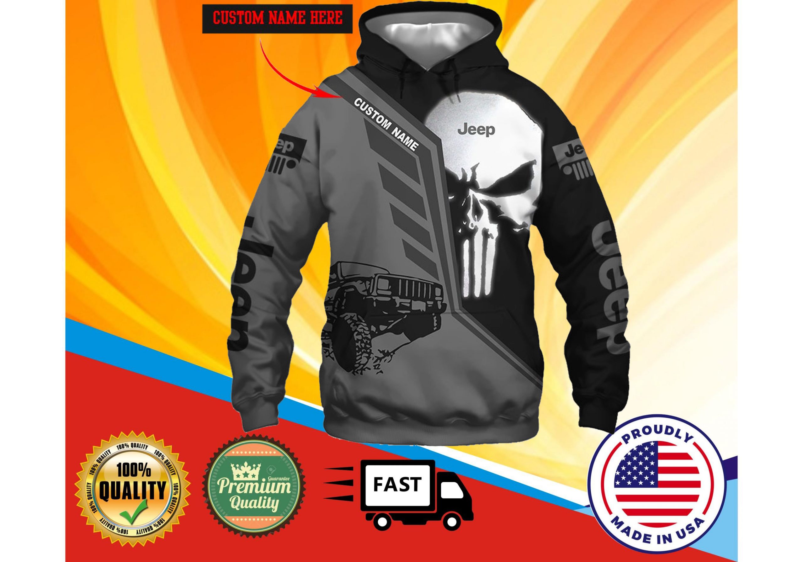 Punisher Skull Jeep custom personalized name 3d hoodie