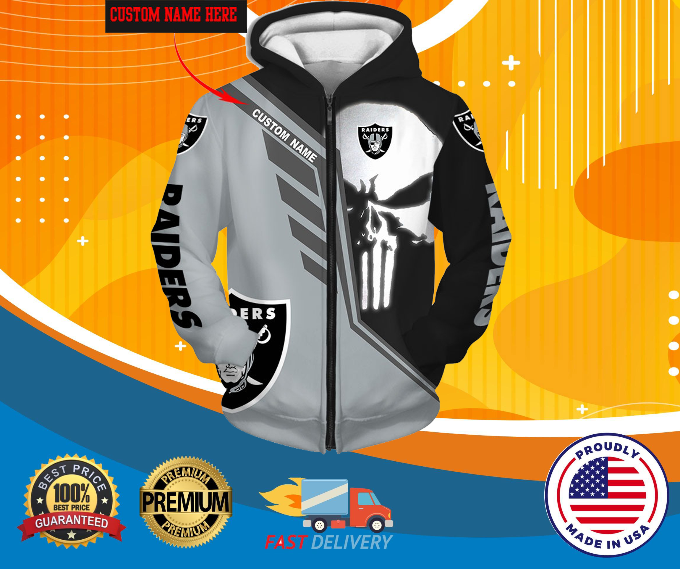 Punisher Skull Oakland Raiders custom personalized name 3d cool zip hoodie