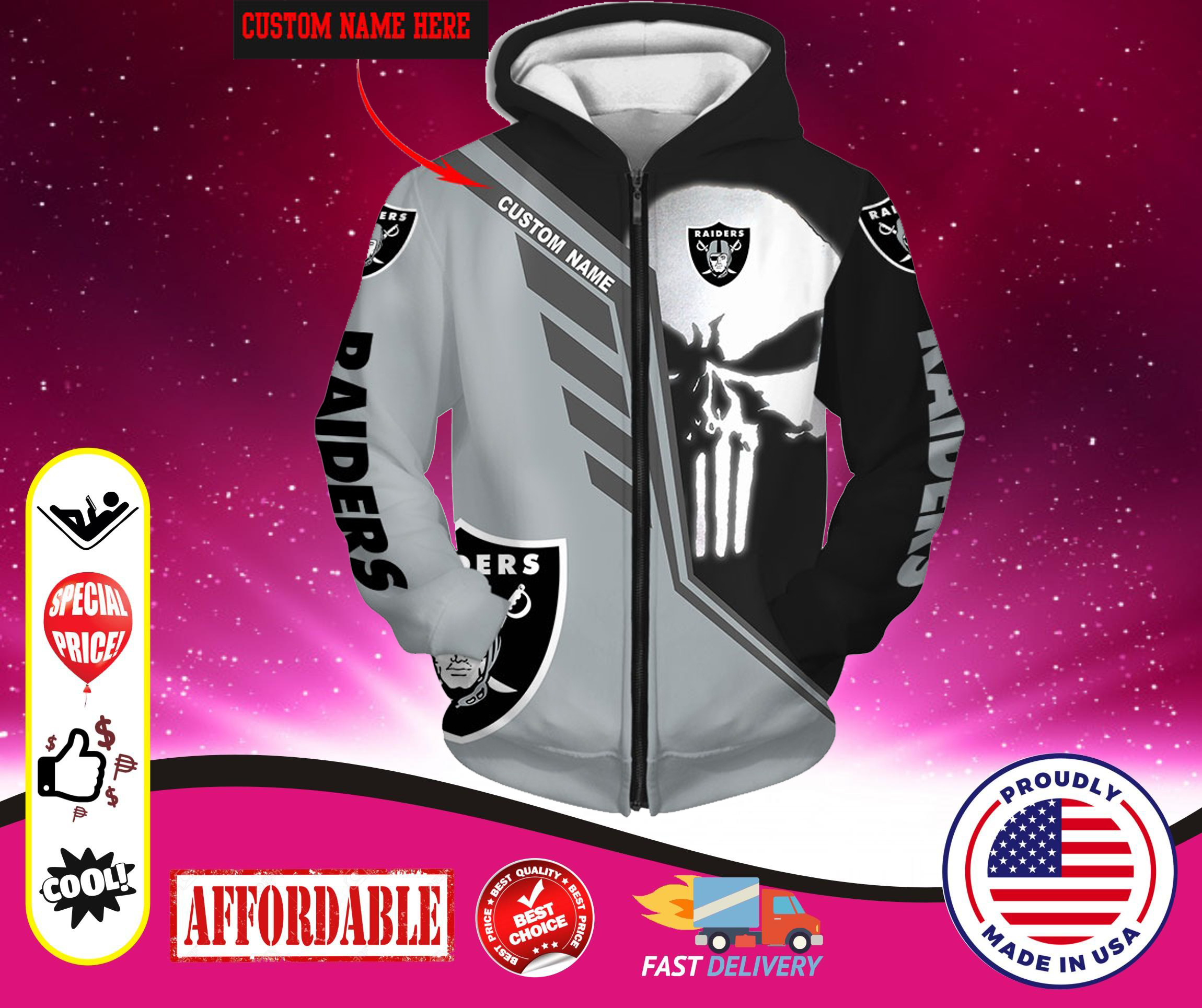 Punisher Skull Oakland Raiders custom personalized name 3d hot zip hoodie