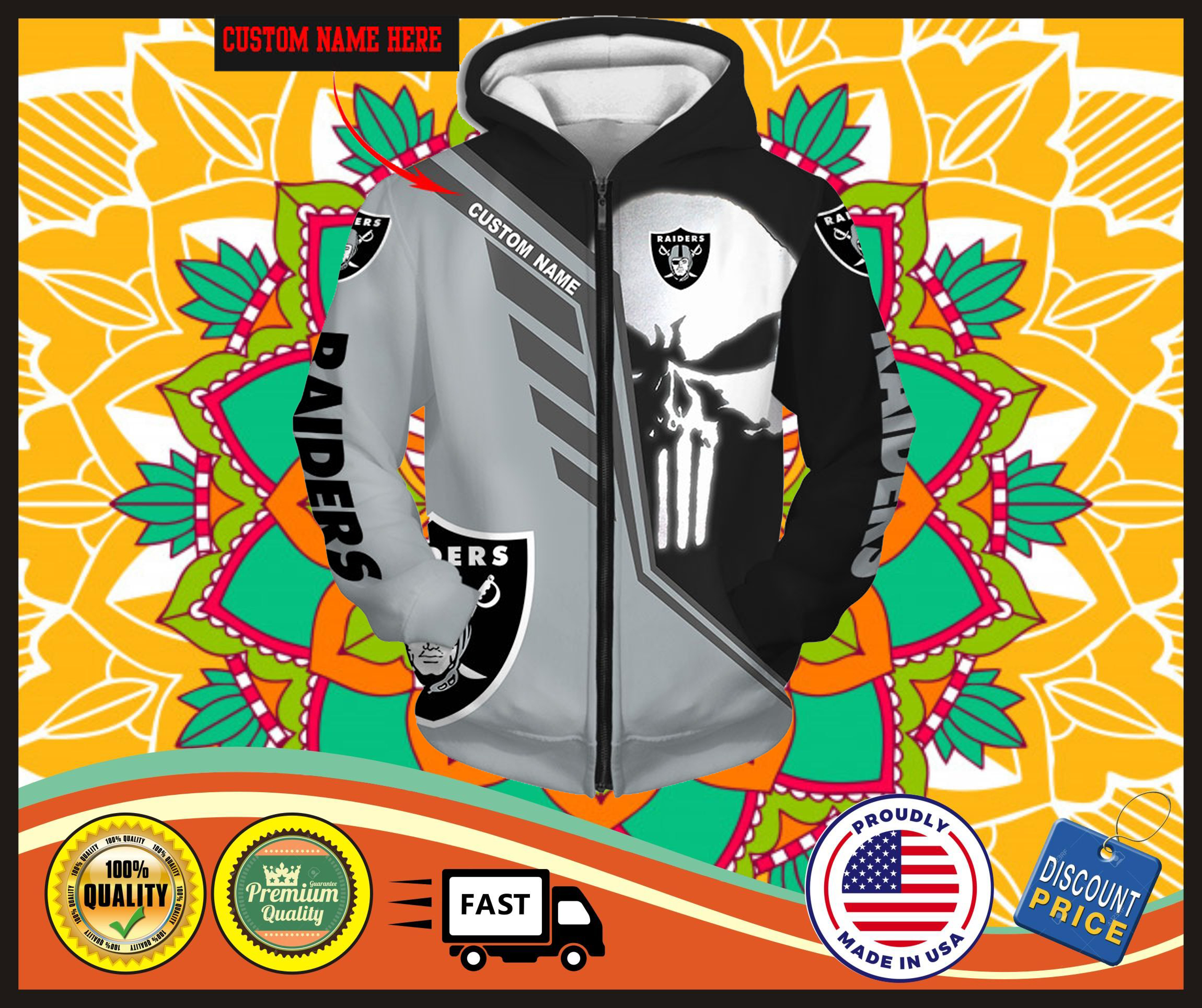 Punisher Skull Oakland Raiders custom personalized name 3d zip hoodie
