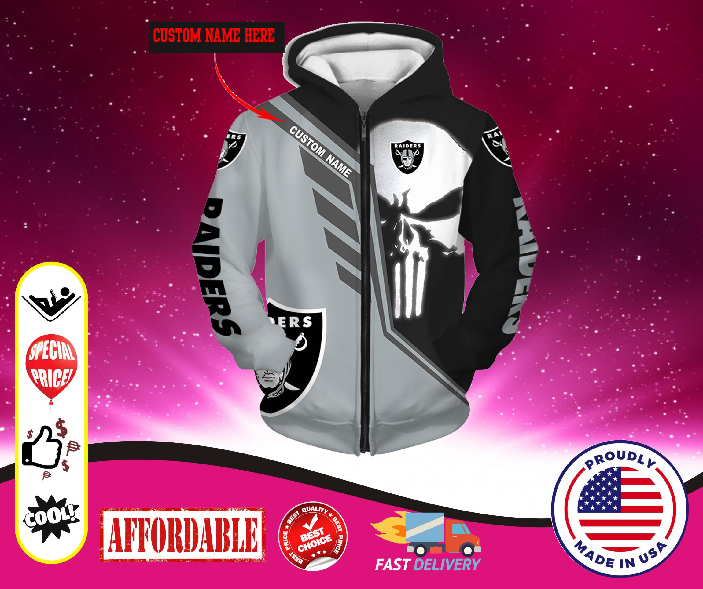 Skull Oakland Raiders Punisher Custom name 3d zip cool hoodie