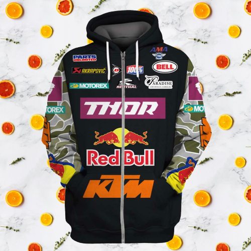 Thor motocross redbull custom name 3d zip hoodie