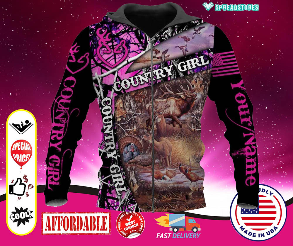 Hunting country girl custom name 3d zip hoodie