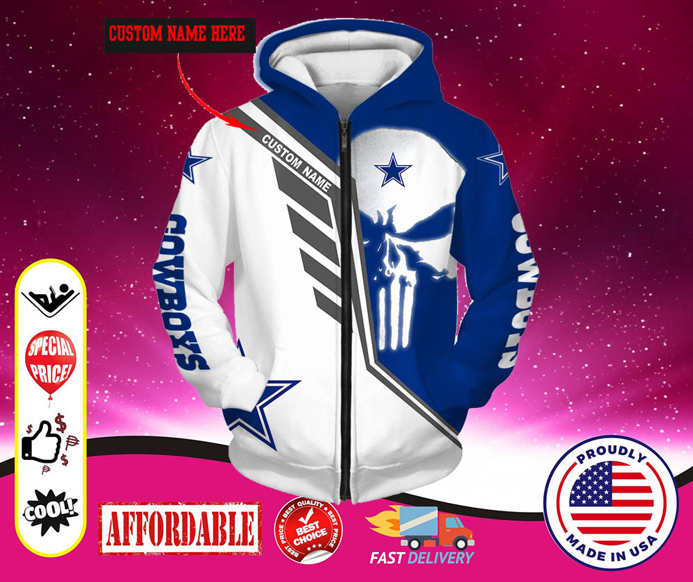 Punisher Skull Dallas Cowboys Custom name 3d zip hoodies