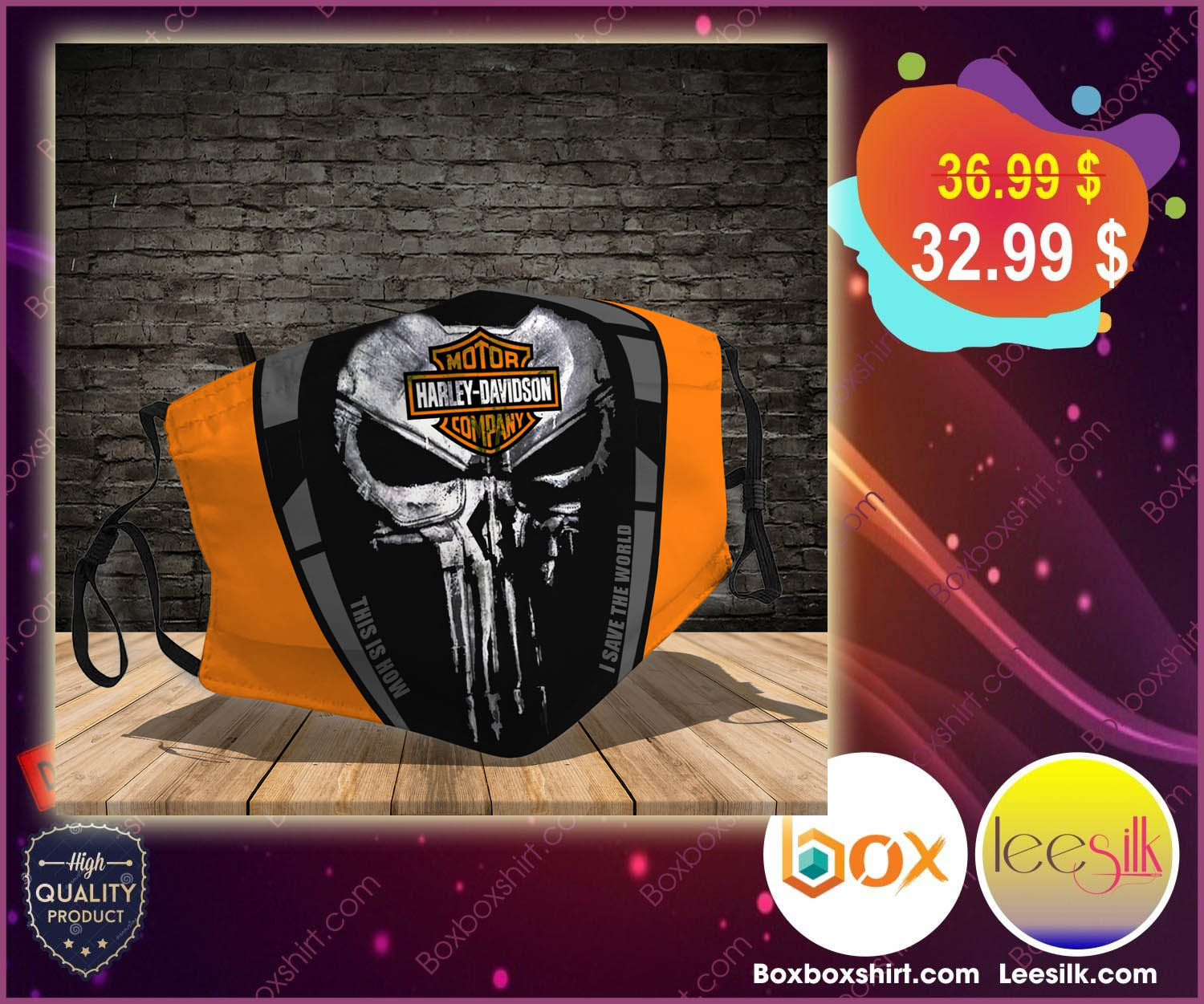 Punisher Skull Harley Davidson motor company this is how i save the world cloth fabric face mask 3