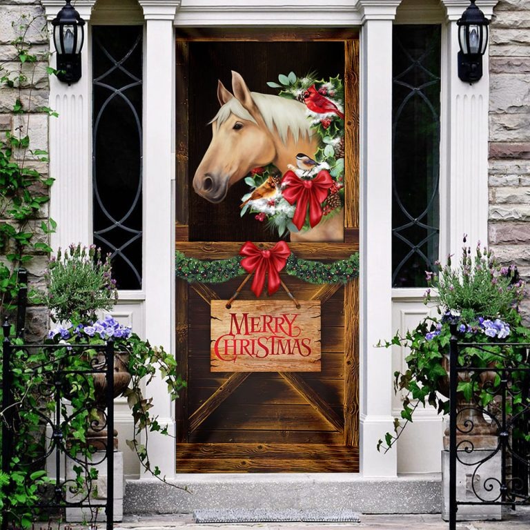 Horse in stable merry christmas door cover