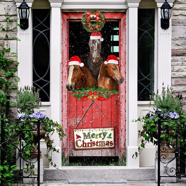 Three horses in the barin merry christmas door cover