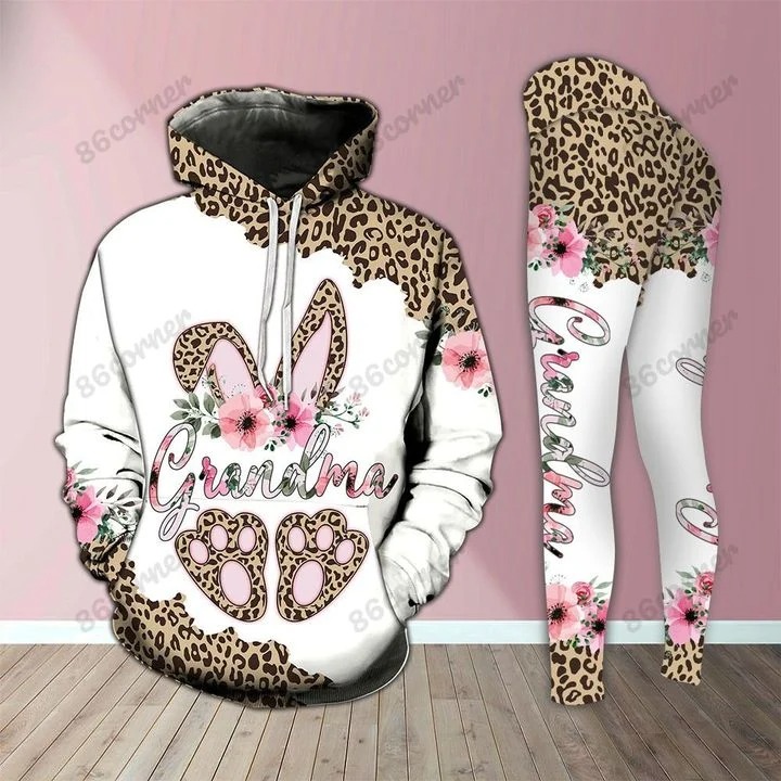 Grandma bunny leopard 3D hoodie and legging 5