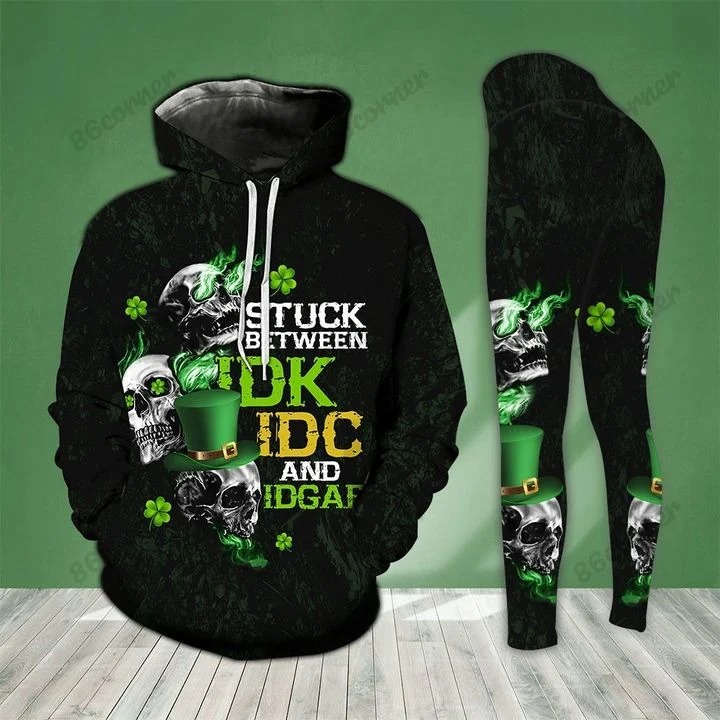 St Patrick day Skull stuck between IDK IDC and IDGAF 3D hoodie and legging 1