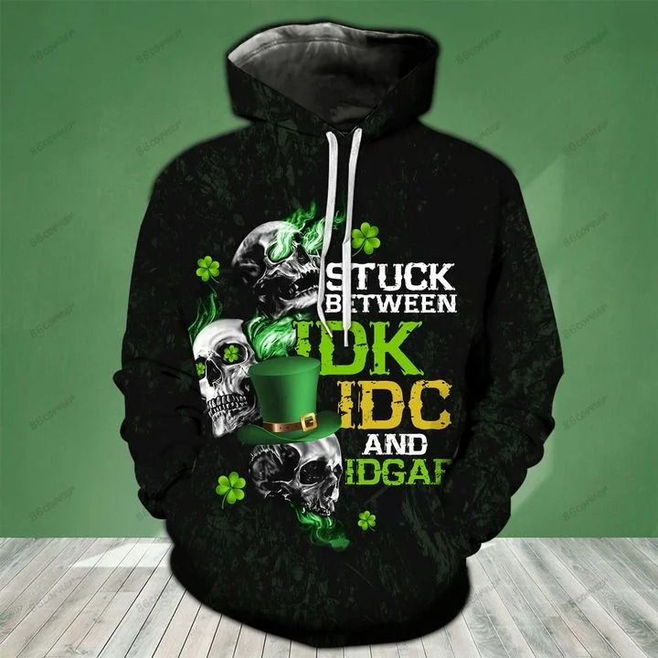 St Patrick day Skull stuck between IDK IDC and IDGAF 3D hoodie and legging 8