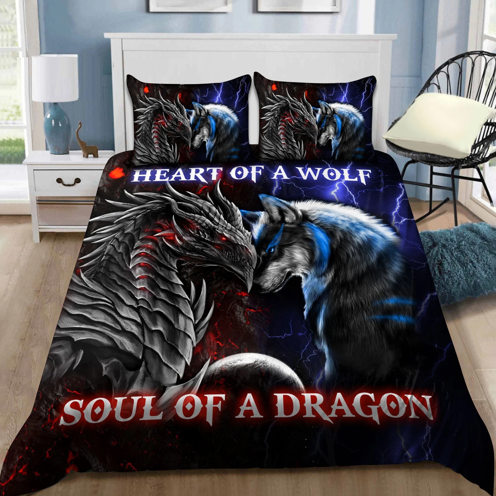 Heart of a wolf soul of a dragon bedding set