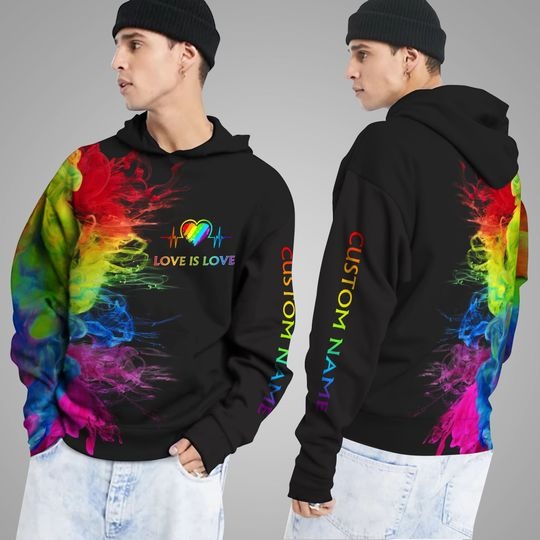 LGBT Love is love rainbow heartbeats custom name 3D hoodie