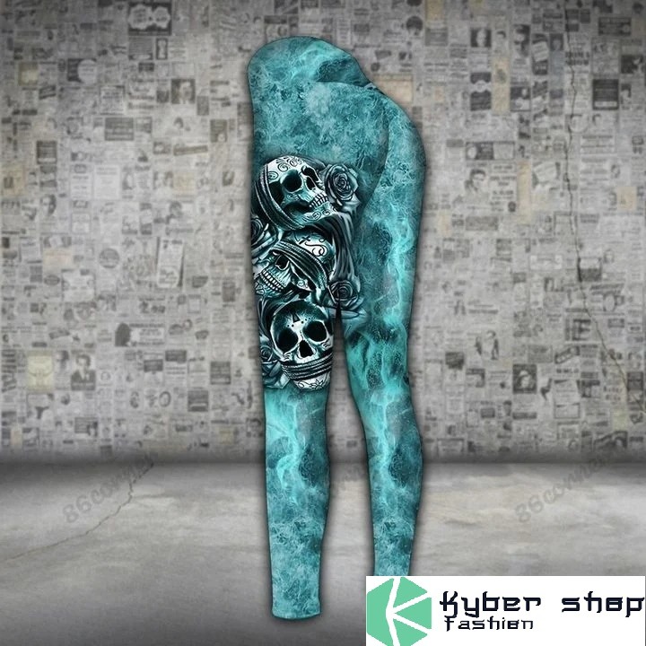 Skull trio turquoise 3D hoodie and legging