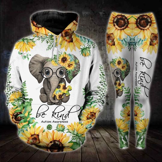 Sunflower elephant be kind autism awareness 3D hoodie and legging