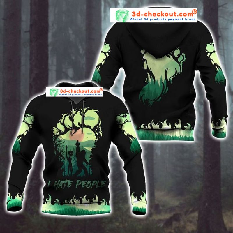 Bigfoot and Alien I Hate people green 3d hoodie
