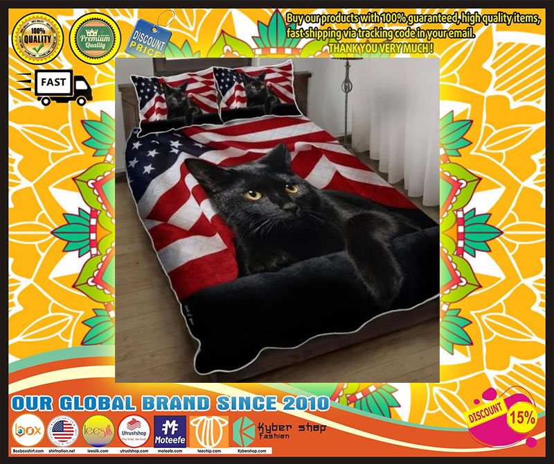 Black cat American flag quilt bedding set 4