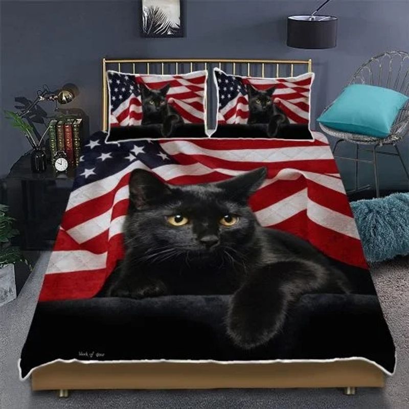 Black cat American flag quilt bedding set