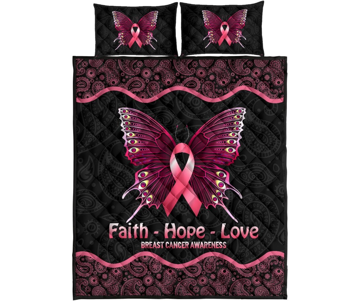 Butterfly faith hope love breast cancer awareness quilt bedding set 4