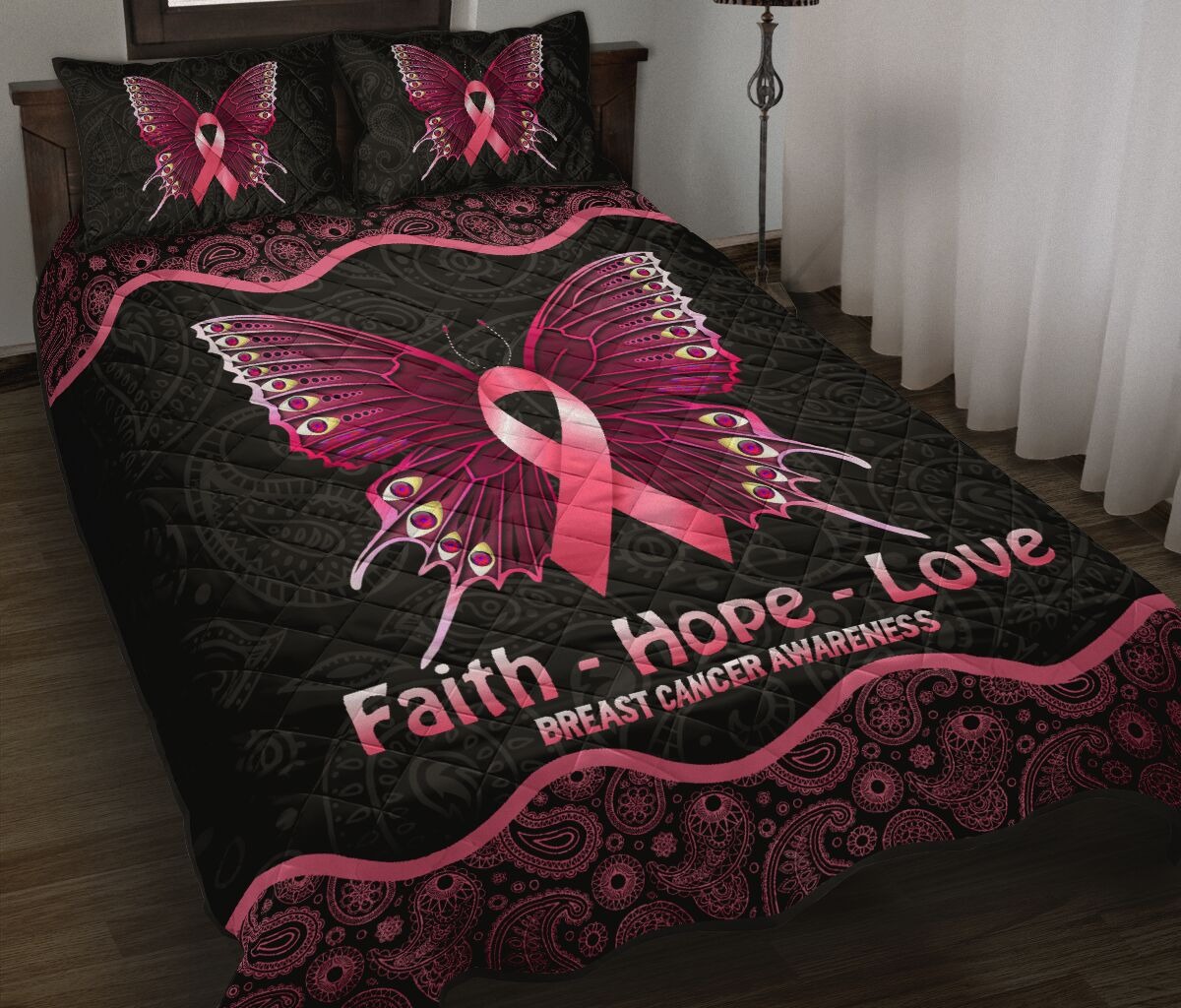 Butterfly faith hope love breast cancer awareness quilt bedding set