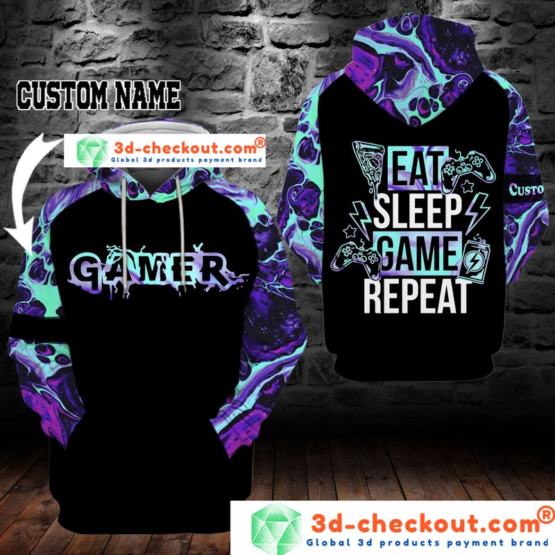 Gamer eat sleep game repeat custom name 3D hoodie