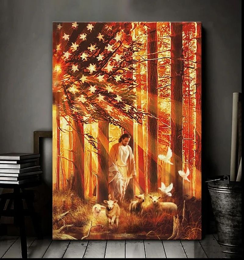 Jesus waking with the lambs canvas