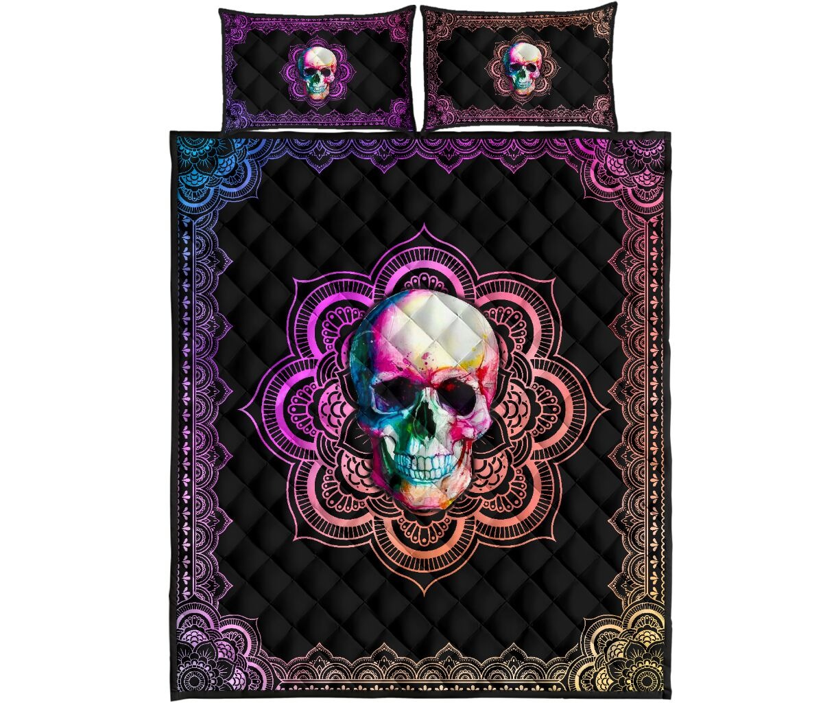 Skull mandala color quilt bedding set 4