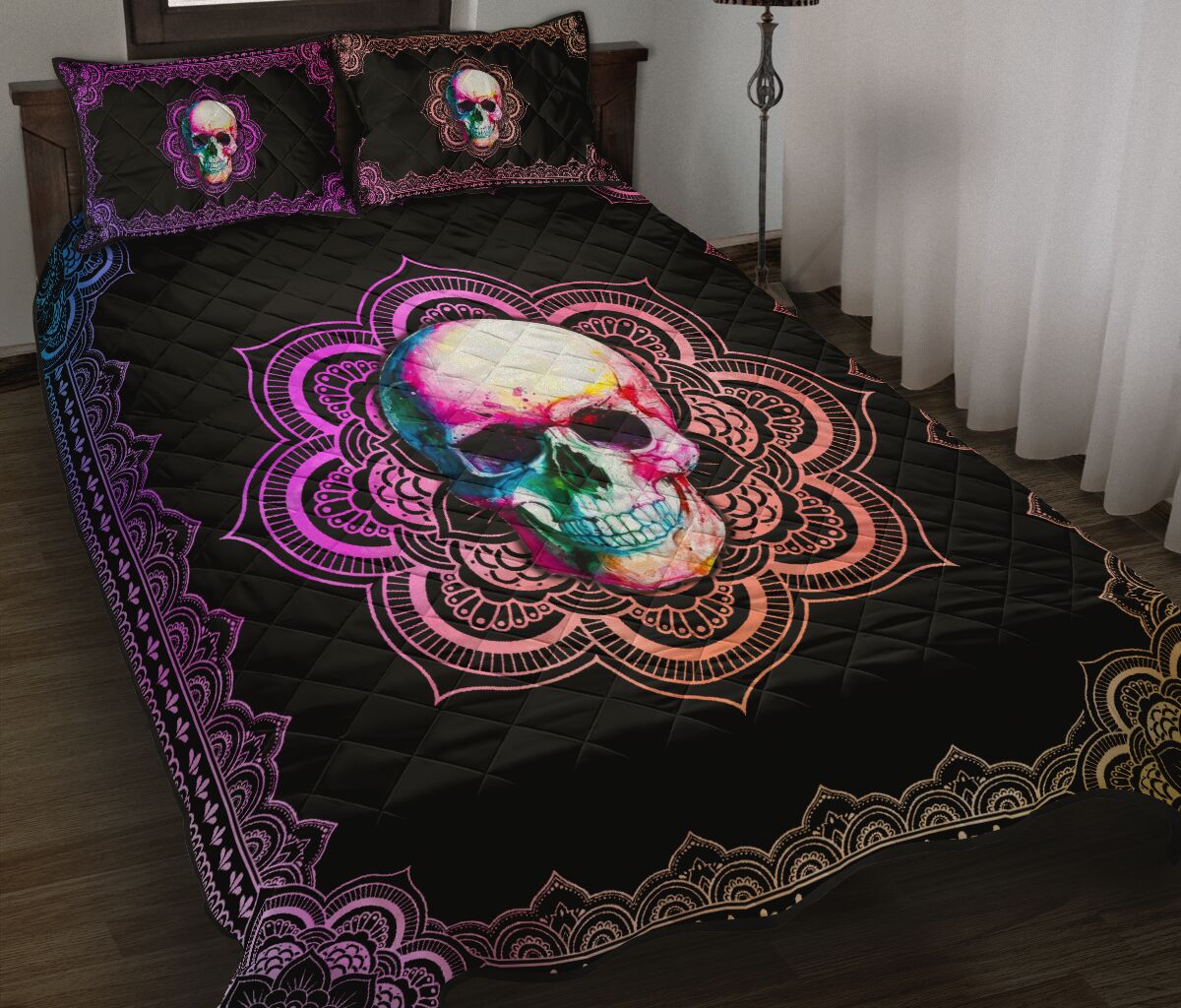 Skull mandala color quilt bedding set