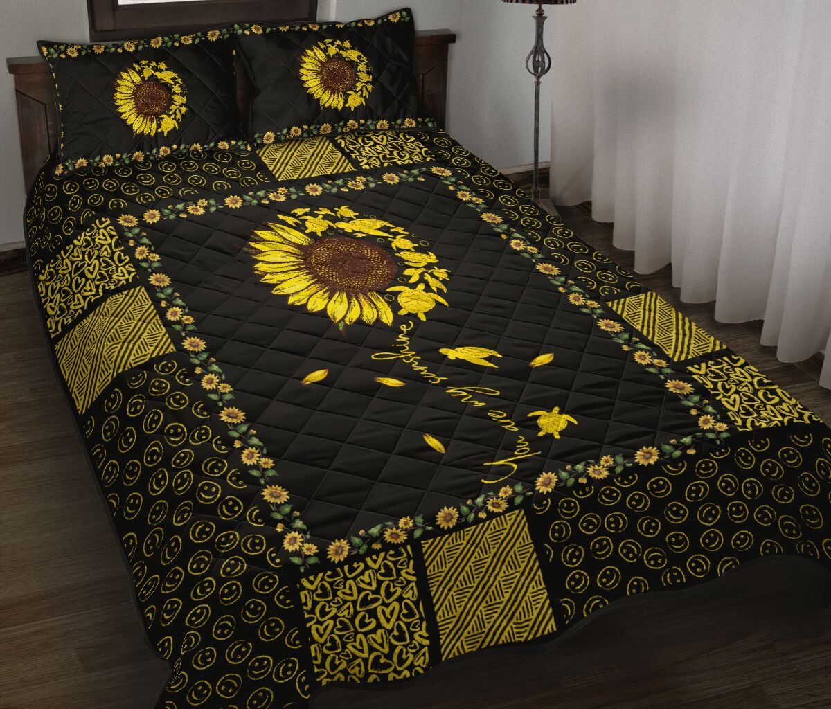 Sunflower sunshine turtle quilt bedding set