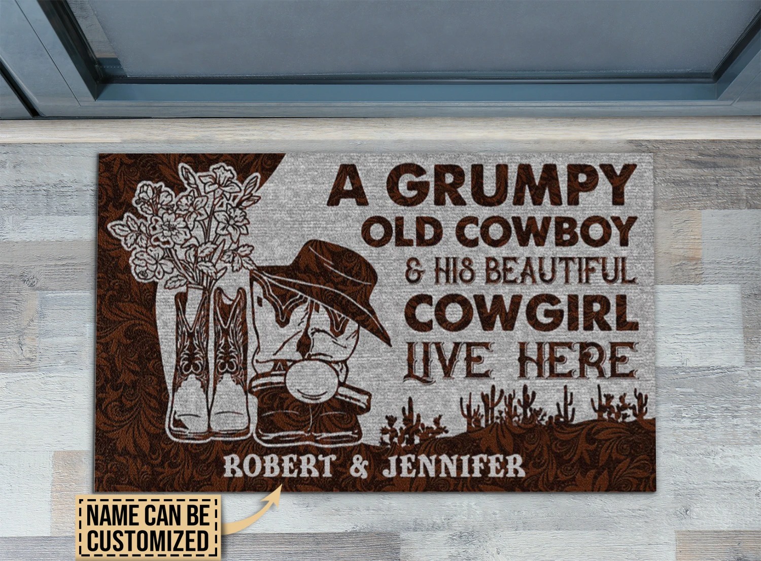 A grumpy old cowboy and his beautiful cowgirl live here custom name doormat