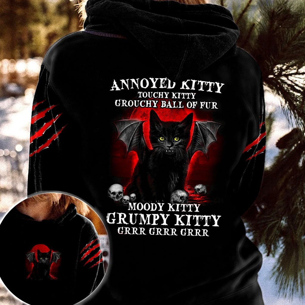 Black cat Annoyed kitty touchy kitty grouchy ball of fur moody grumpy kitty 3D hoodie