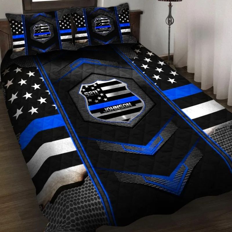 Blue police badge custom name quilt bedding set