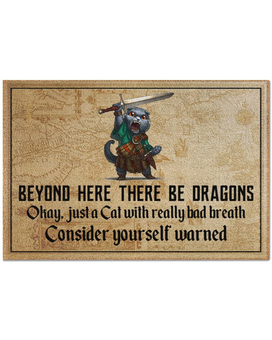 Cat with sword beyond here there be dragons doormat