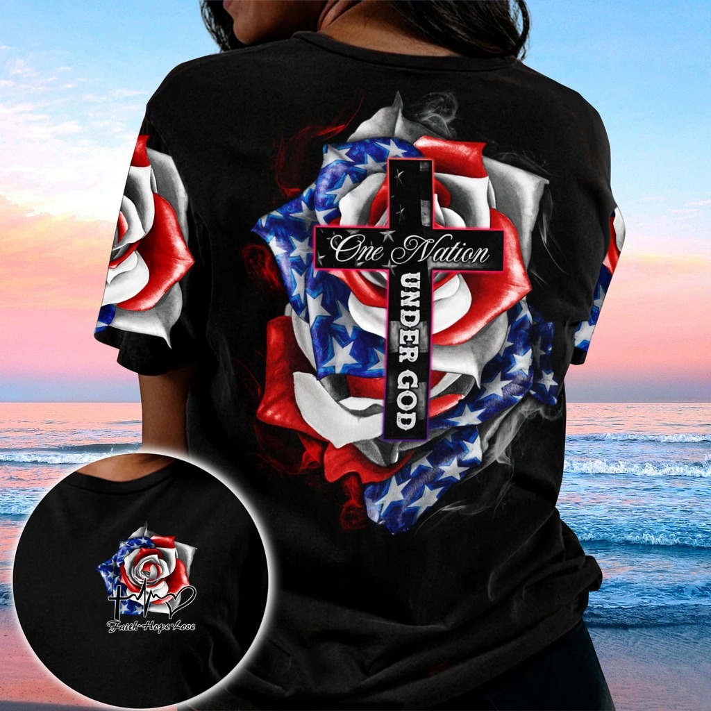 Cross Rose American flag One nation under god 3D hoodie
